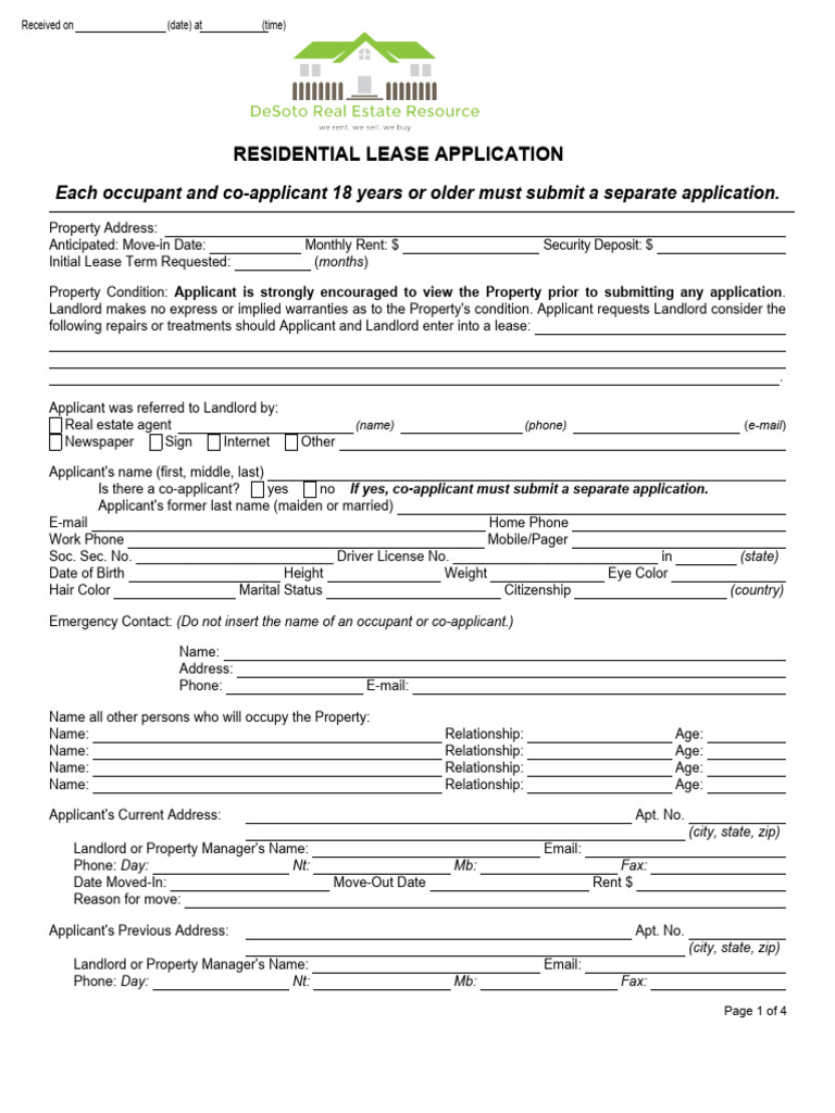Residential Lease Application Form | PDF | Lease | Landlord