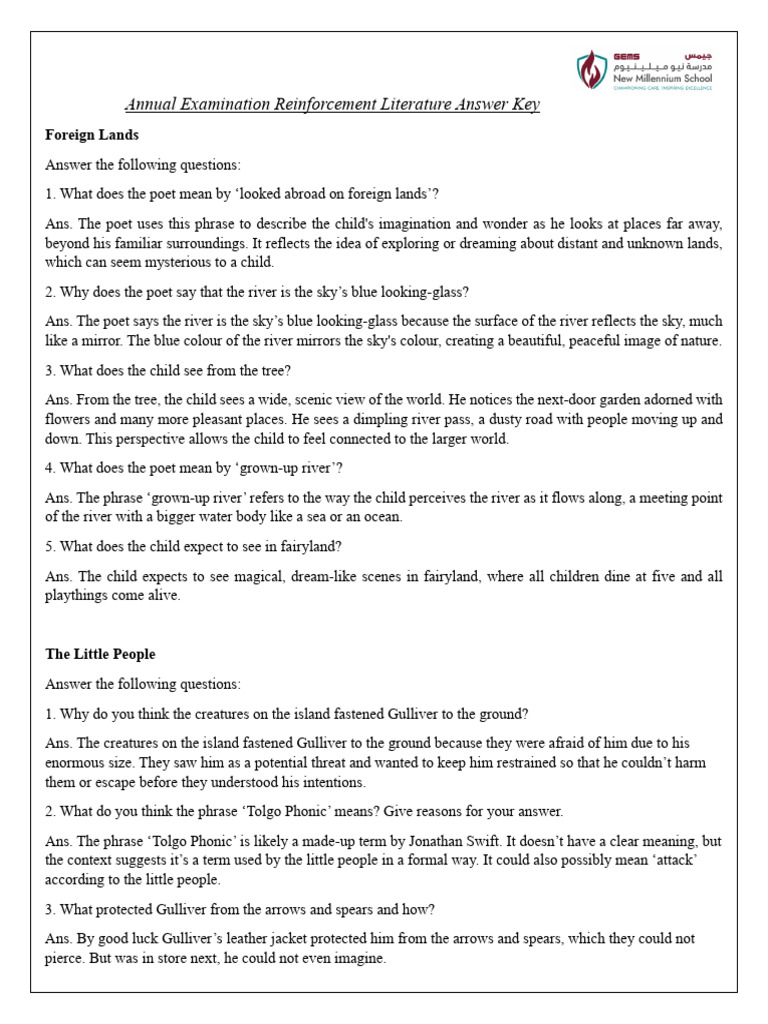 Annual Examination Reinforcement Literature Answer Key | PDF | Mirror