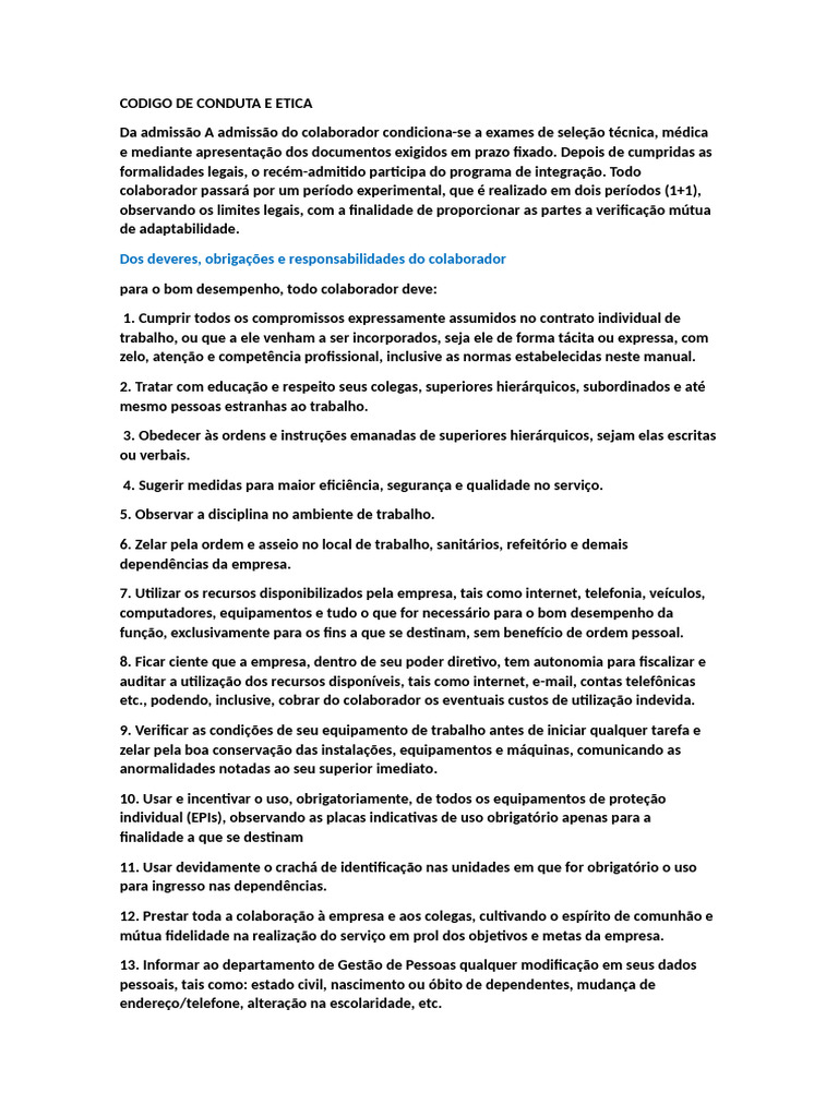 Código de Conduta e Ética do Colaborador | PDF | Gestão de recursos ...