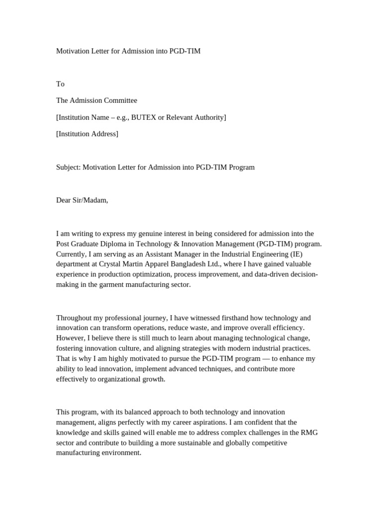 Motivation Letter for PGD-TIM Admission | PDF