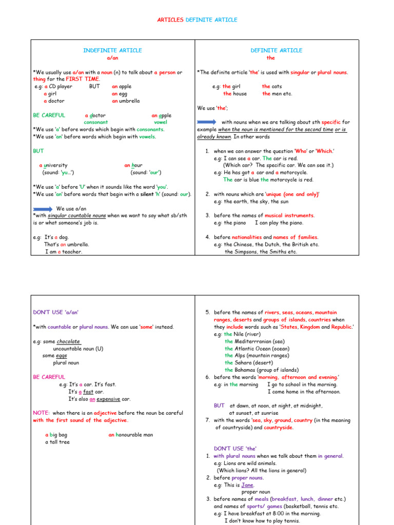 Understanding Articles: A Guide | PDF | Noun | Plural