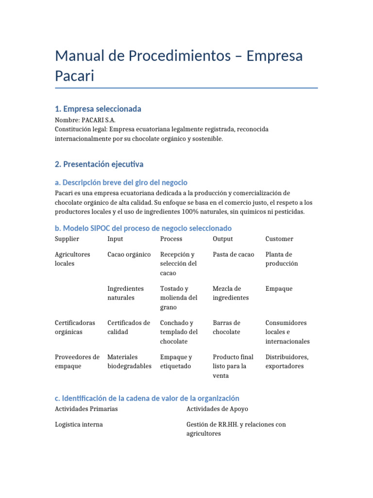 Manual de Procedimientos Pacari | PDF | Business | Chocolate