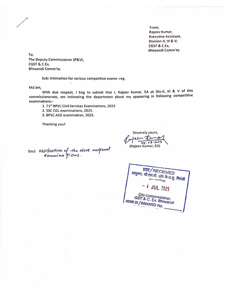 Intimation For BPSC, ASO, CGL, 2025, Rajeev Kumar | PDF