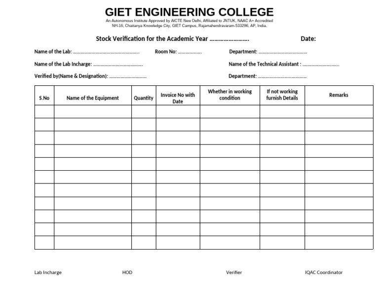 GIET Engineering College Lab Stock Verification | PDF
