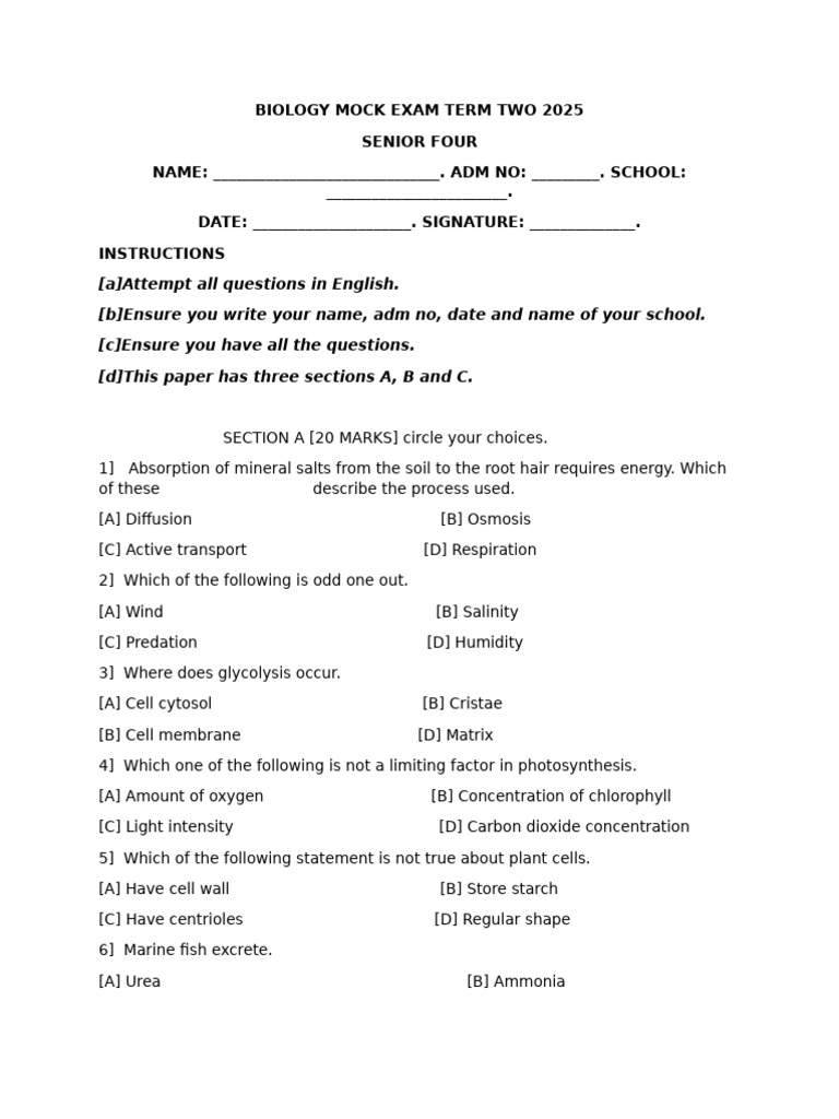 Biology Mock Exam Term Two 2025 | PDF | Kidney | Urea
