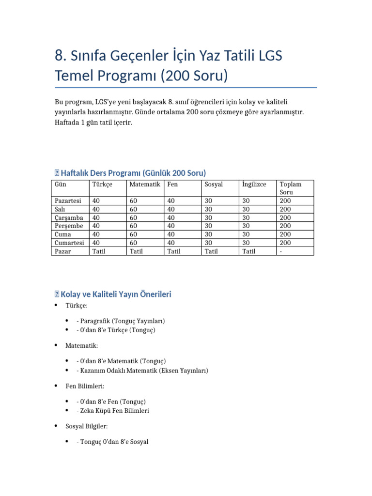 LGS Yaz Temel Programi 200soru | PDF