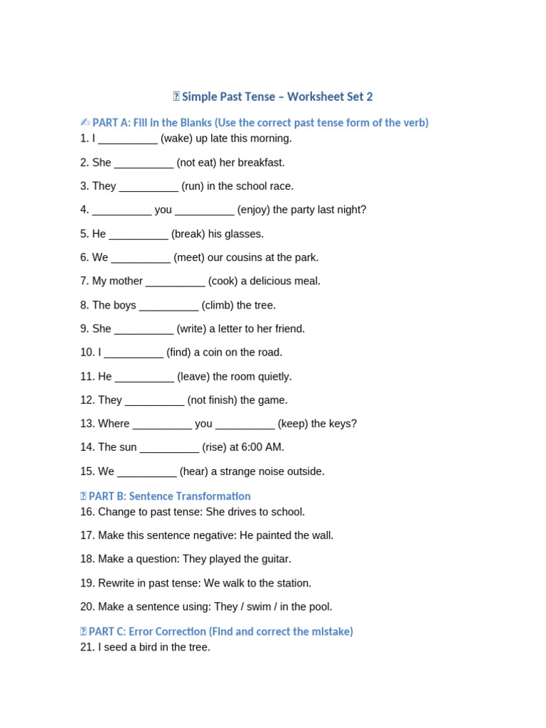 Simple Past Tense Worksheet Set 2 | PDF