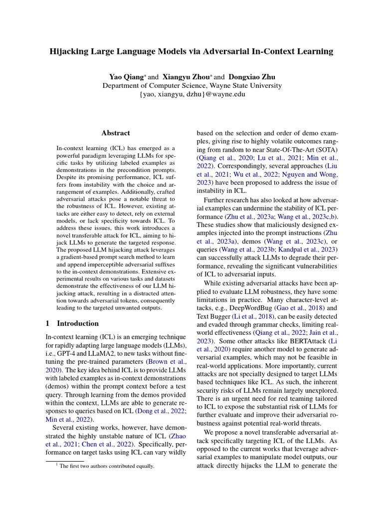 Hijacking Large Language Models Via Adversarial In-Context Learning ...