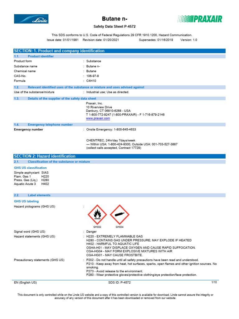 Butane n- Safety Data Sheet P-4572 | PDF | Firefighting | Personal ...