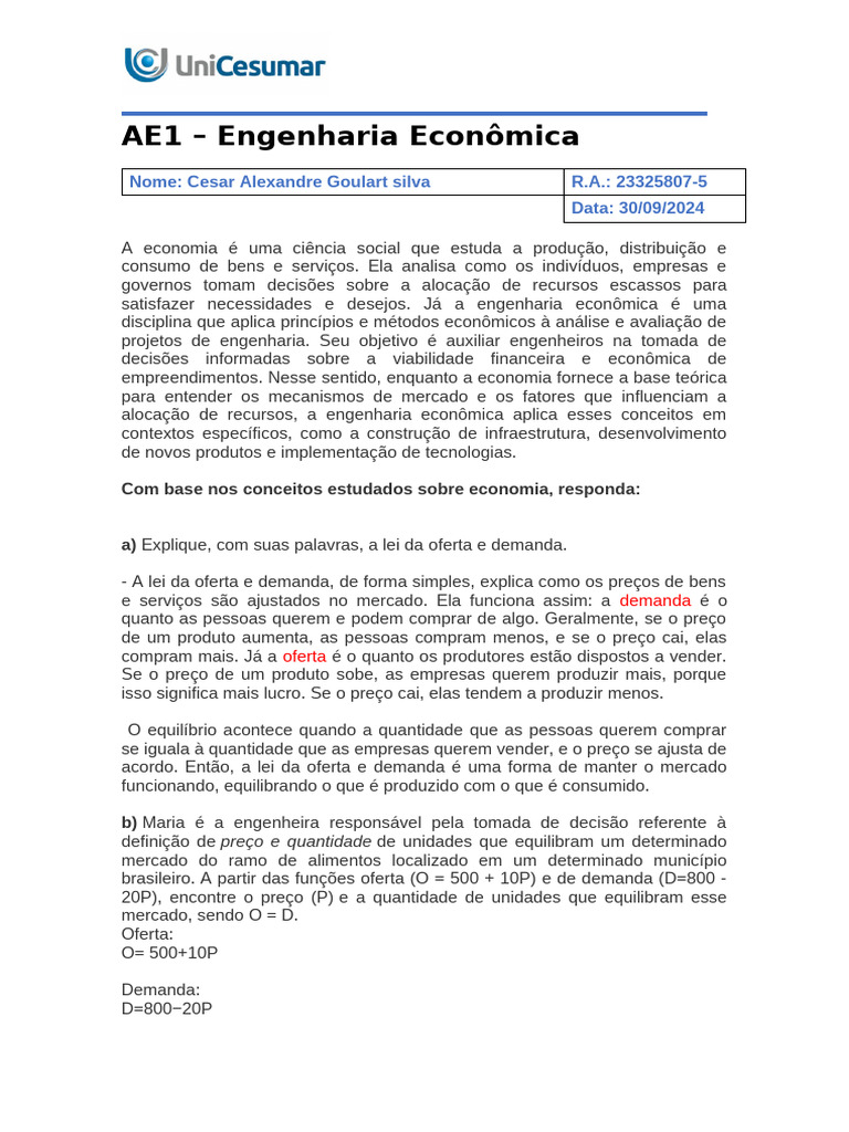 Engenharia Econômica e Lei da Demanda | PDF | Economia | Oferta e procura