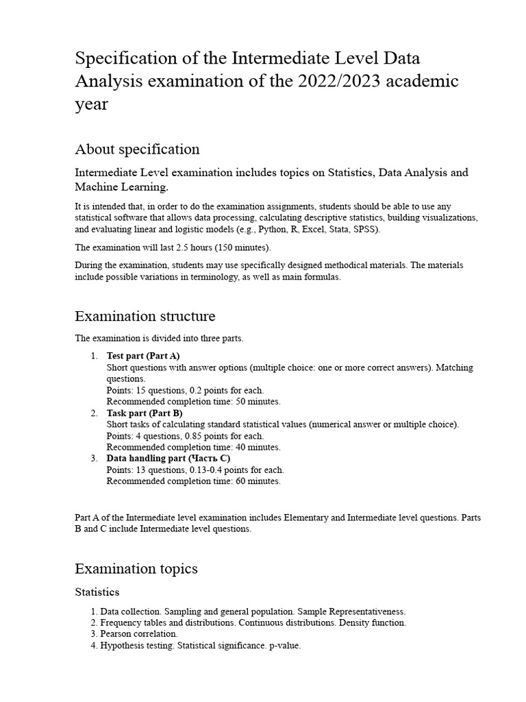 DS Exam Specification - Intermediate Level | PDF | Statistics | Student ...