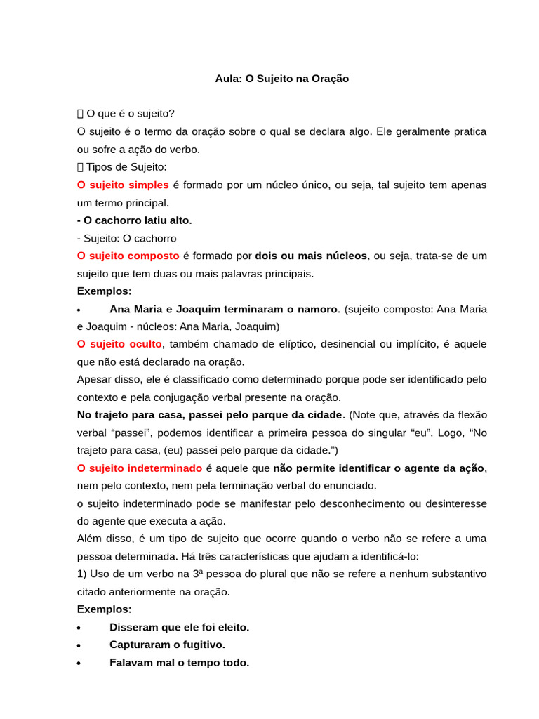 Tipos de Sujeito na Oração | PDF | Assunto (gramática) | Gramática