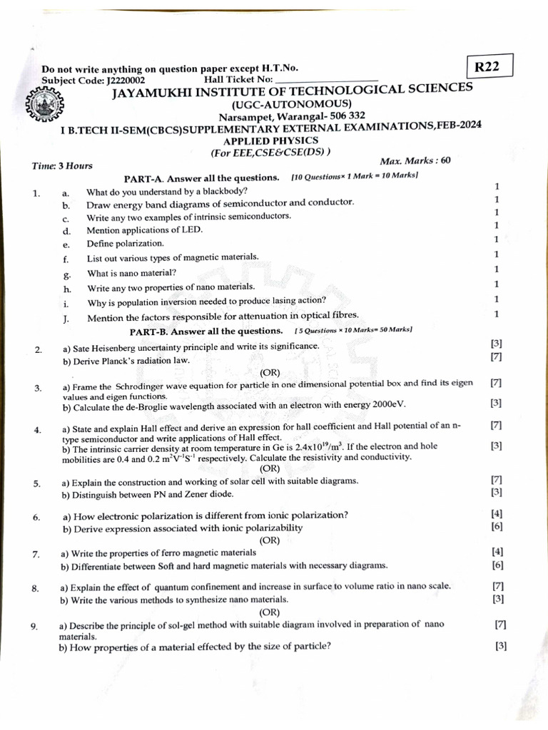 Applied Physics - r22 - Old Question Papers | PDF