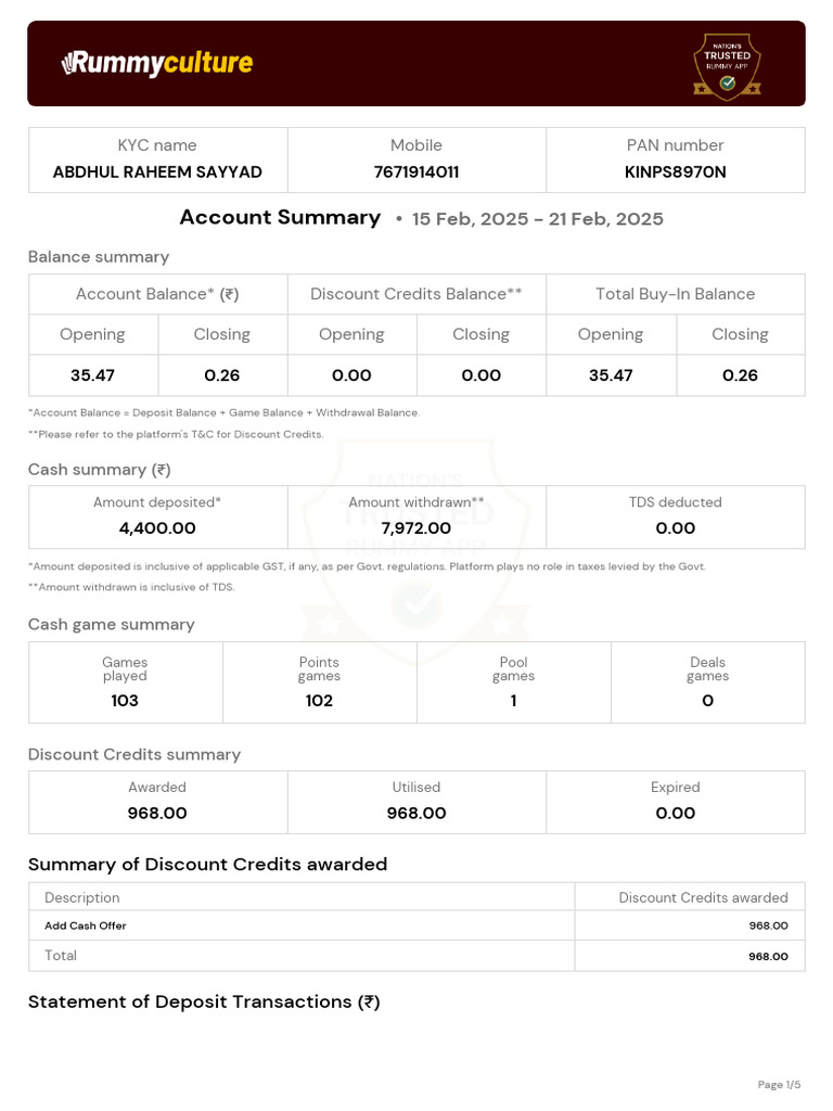 Rummyculture Weekly Statement 8 2025 02 | PDF | Cash | Public Finance