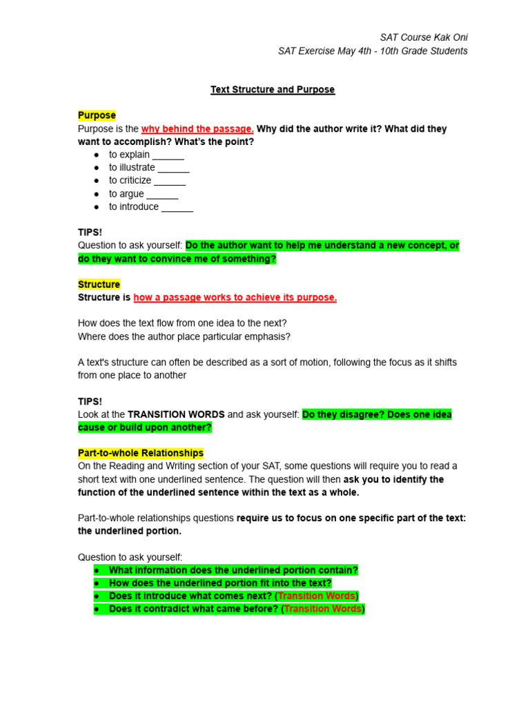 MAY 4th - SAT Text Structure and Purpose & Percents | PDF | Sat ...