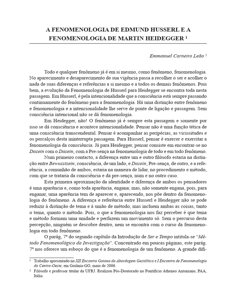 Fenomenologia: Husserl e Heidegger em Diálogo | PDF | Fenomenologia ...