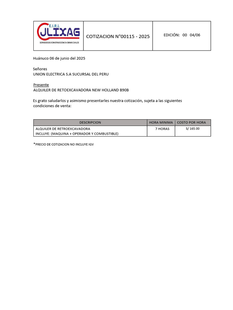 Cotizacion Alquiler de Retroexcavadora | PDF