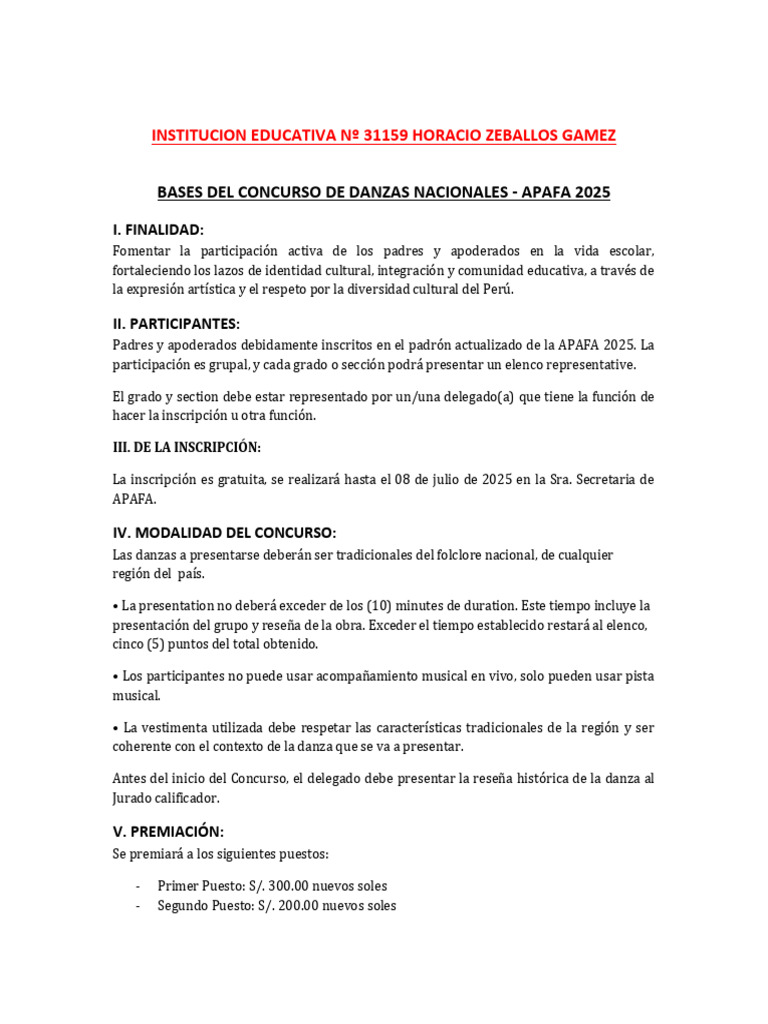 Bases Concurso de Danzas Nacionales 2025 | PDF