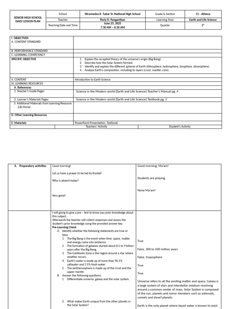 Earth Science Lesson Plan for Grade 11 | PDF | Earth | Earth Sciences