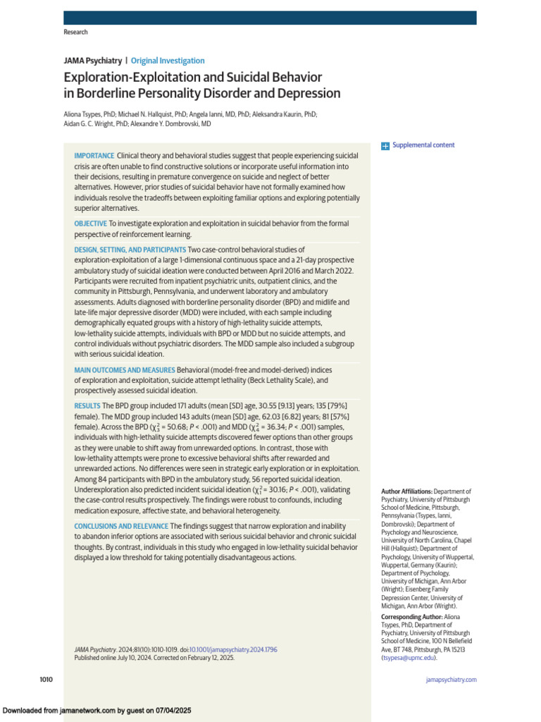 Exploration-Exploitation in Suicidal Behavior | PDF | Borderline ...