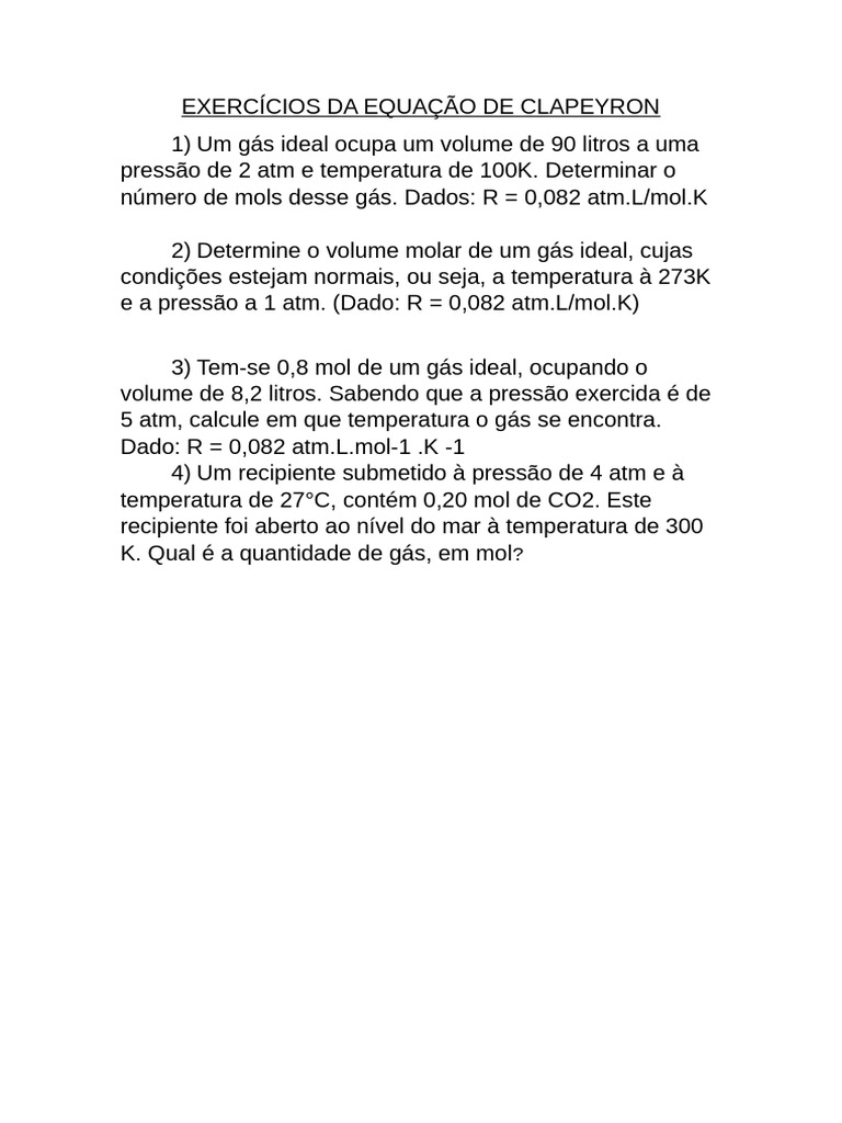 Exercícios de Equação de Clapeyron | PDF