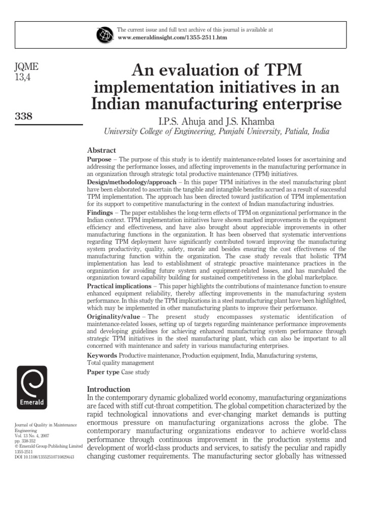 TPM Implementation in Indian Manufacturing | PDF | Rolling ...