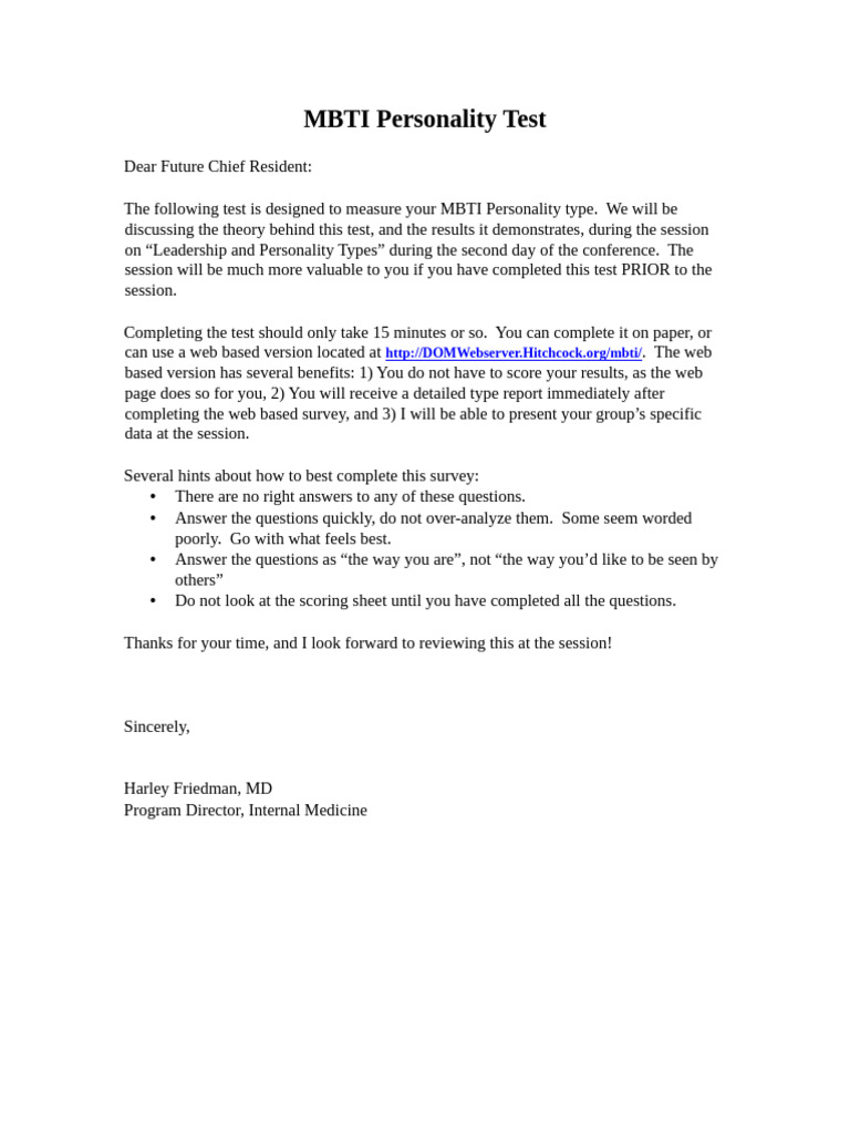 MBTI Personality Test Instructions | PDF