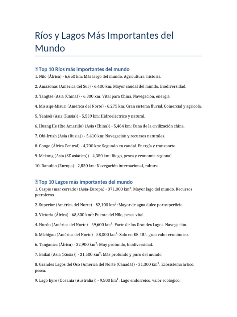 Top 10 Ríos y Lagos del Mundo | PDF