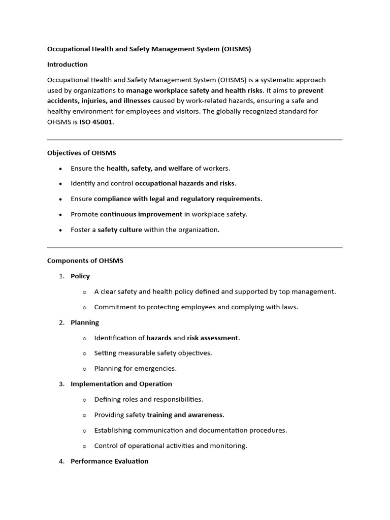 OHSMS: Framework for Workplace Safety | PDF | Occupational Safety And ...