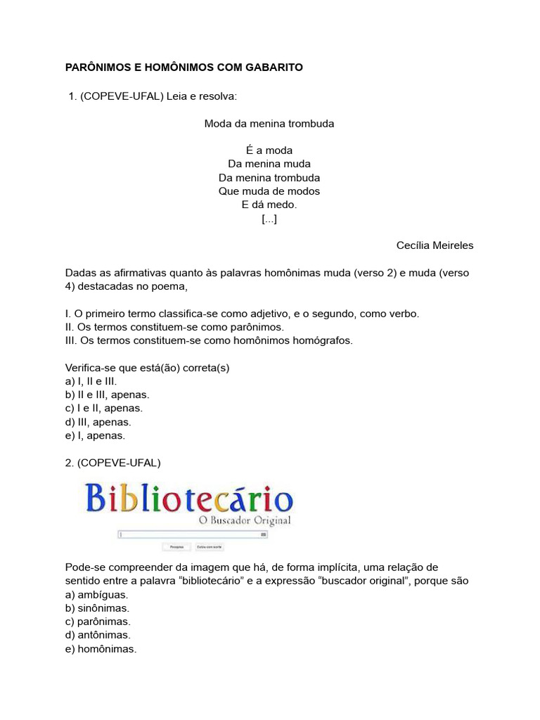 Exercícios de Homônimos e Parônimos | PDF