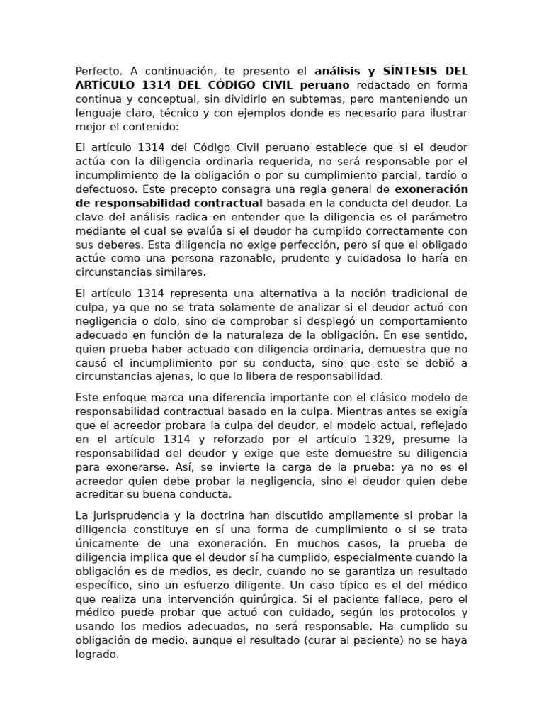 Análisis del Artículo 1314 CC Peruano | PDF