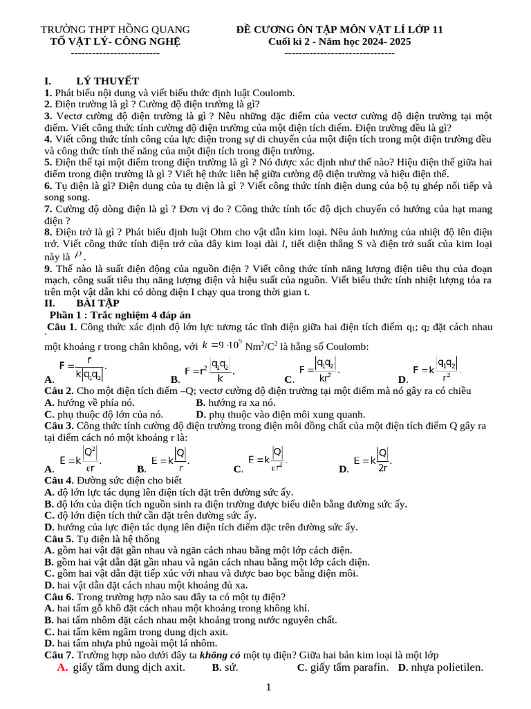 ĐỀ CƯƠNG LÍ K11 HS | PDF