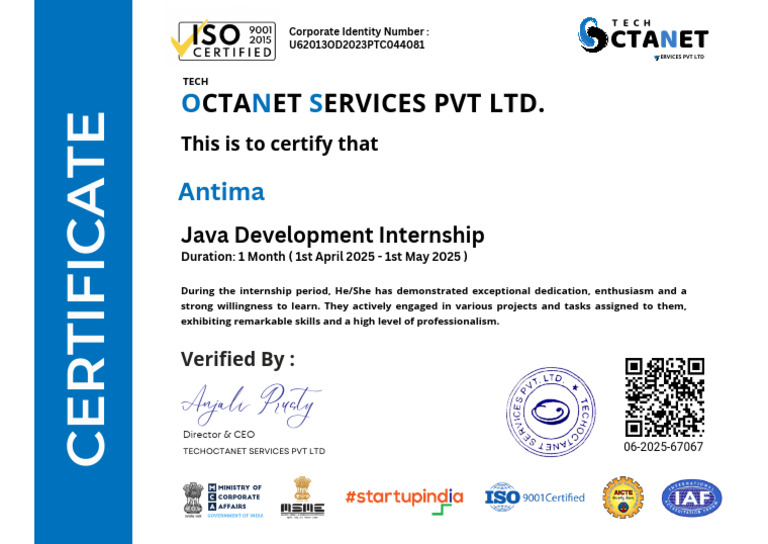 Java Internship Certificate for Anjali Parve | PDF