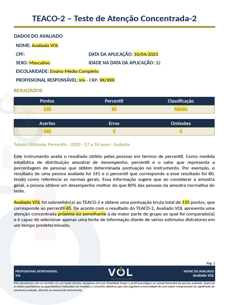 Resultados do TEACO-2: Avaliação de Atenção | PDF | Informação | Dados
