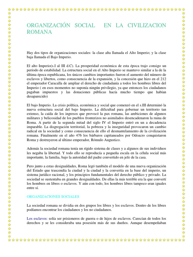 Organización Social en La Civilizacion Romana PDF imperio Romano Roma antigua