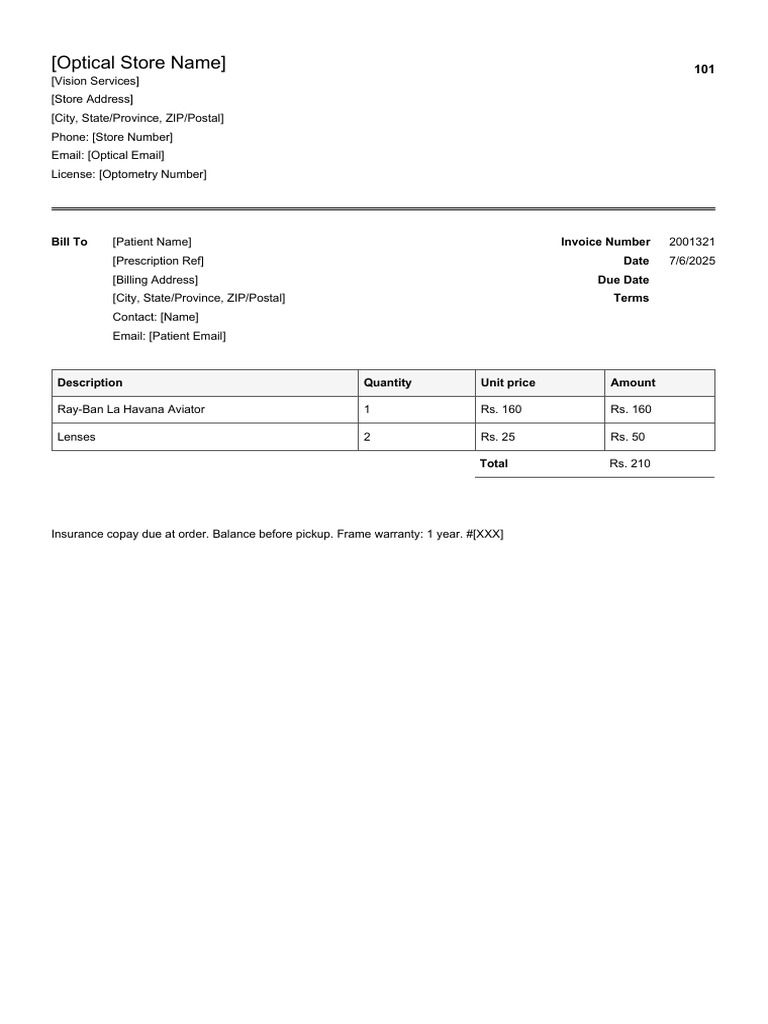 Optical Invoice for Vision Services | PDF