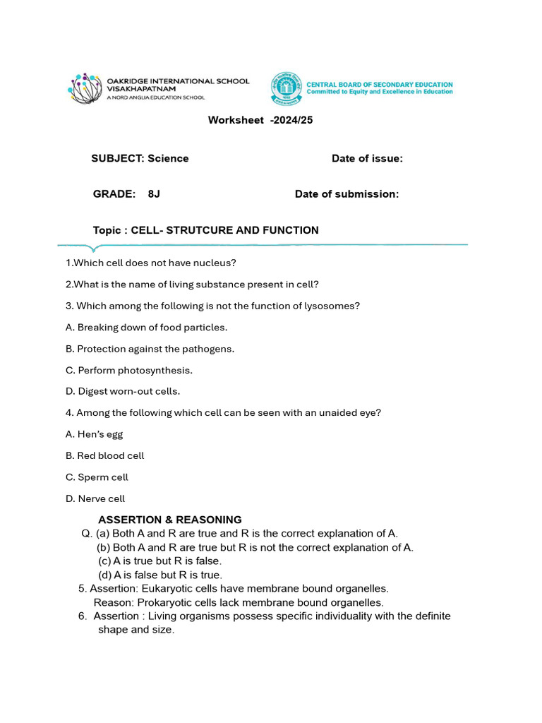 Cell Structure and Function Worksheet | PDF