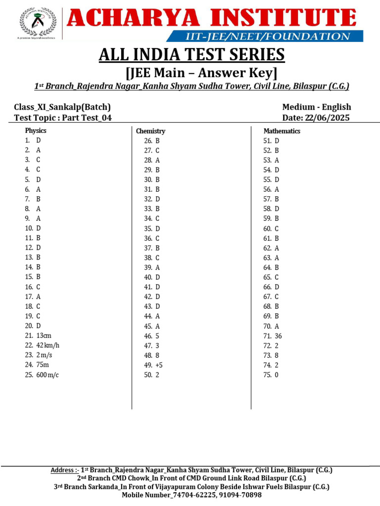 JEE Main Answer Key - Test Series 2025 | PDF | Chess Theory | Chess