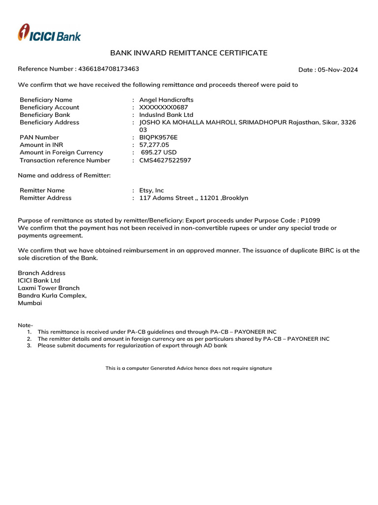 Bank Inward Remittance Certificate | PDF