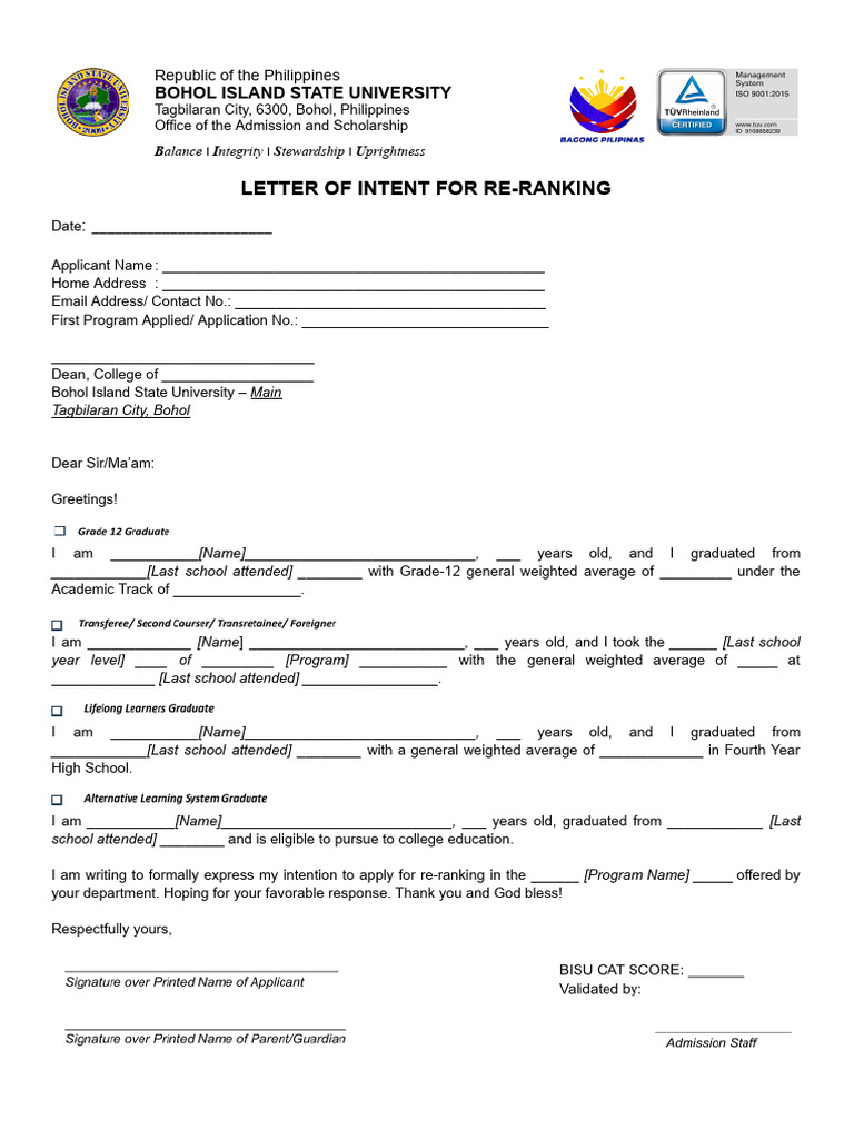 Letter of Intent for Re-Ranking Application | PDF