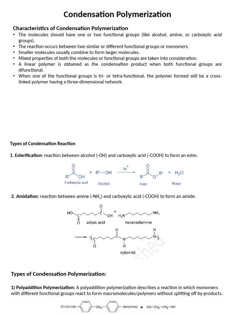 Overview of Condensation Polymerization | PDF | Polymerization | Polyester