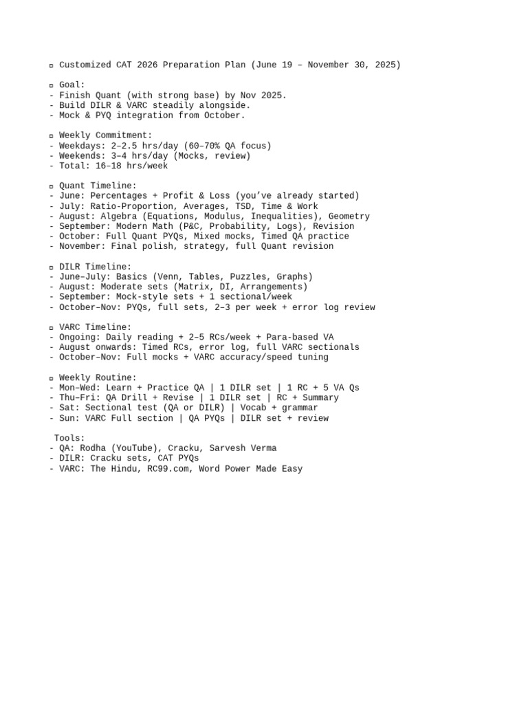 CAT 2026 Customized Study Plan | PDF