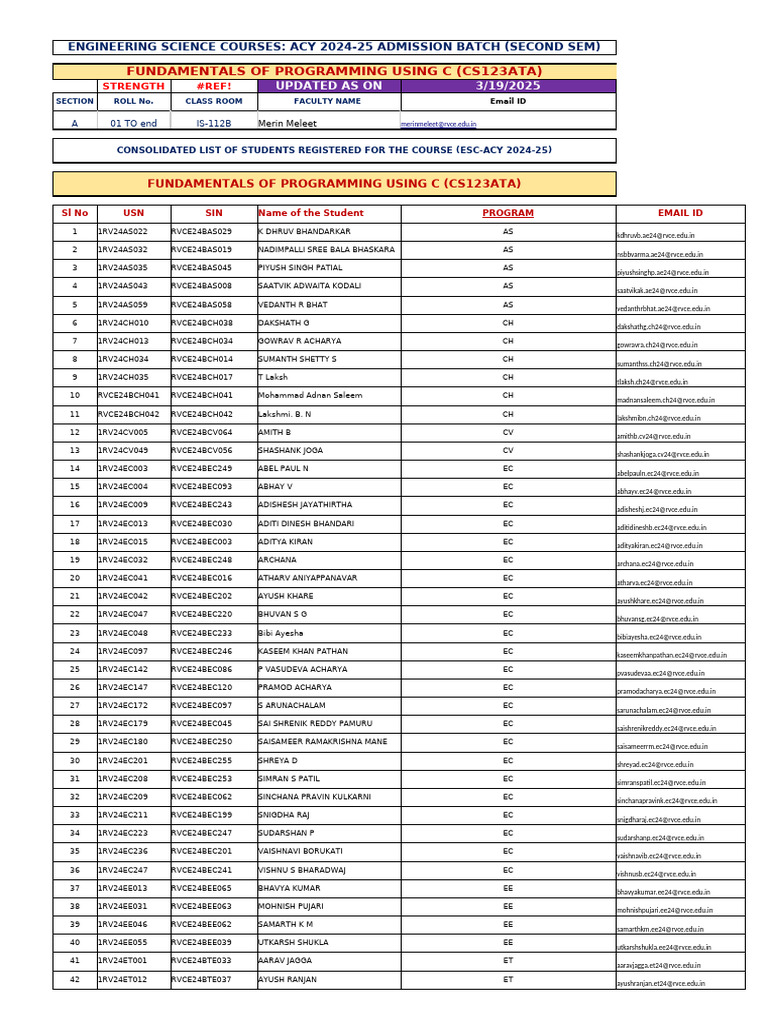 Engineering Science Courses 2024-25 List | PDF