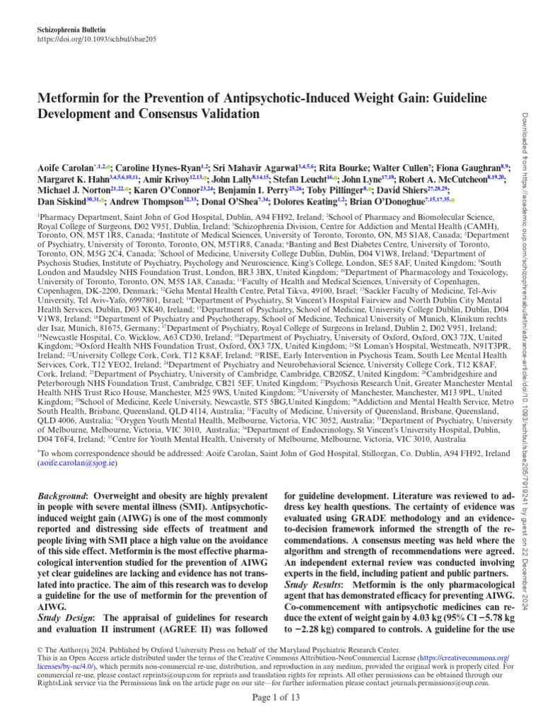Metformin Guidelines for Antipsychotic Weight Gain | PDF ...