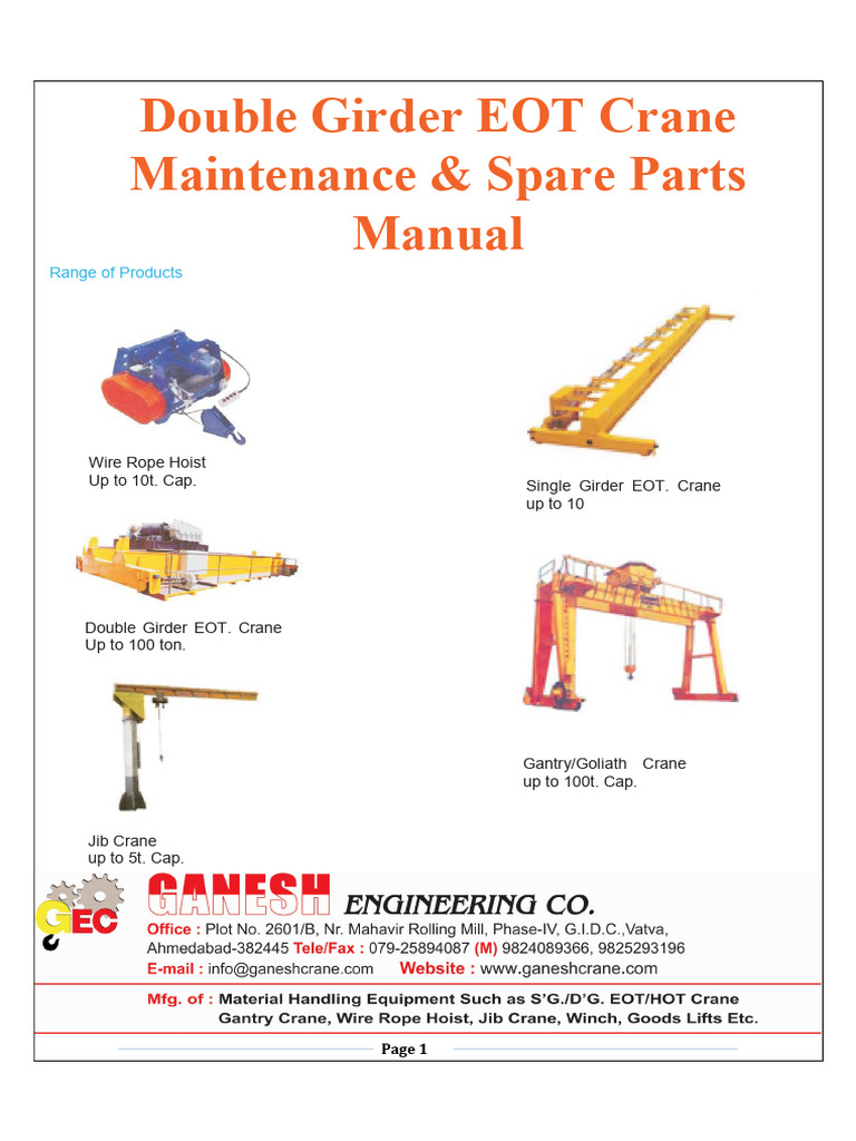 EOT Crane Maintenance & Parts Manual | PDF | Electric Motor | Crane ...