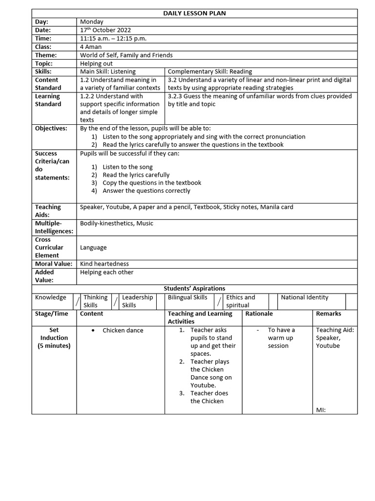 Daily Lesson Plan: Helping Out | PDF | Lesson Plan | Teachers