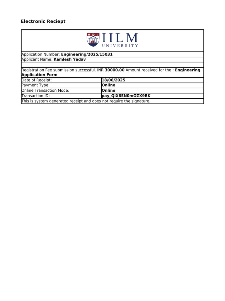 Engineering Application Receipt 2025 | PDF