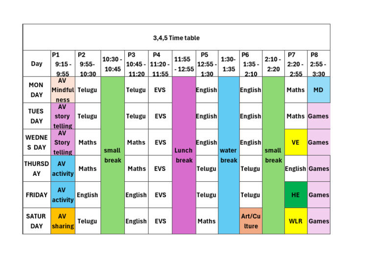 3rd to 5th Class Weekly Timetable | PDF