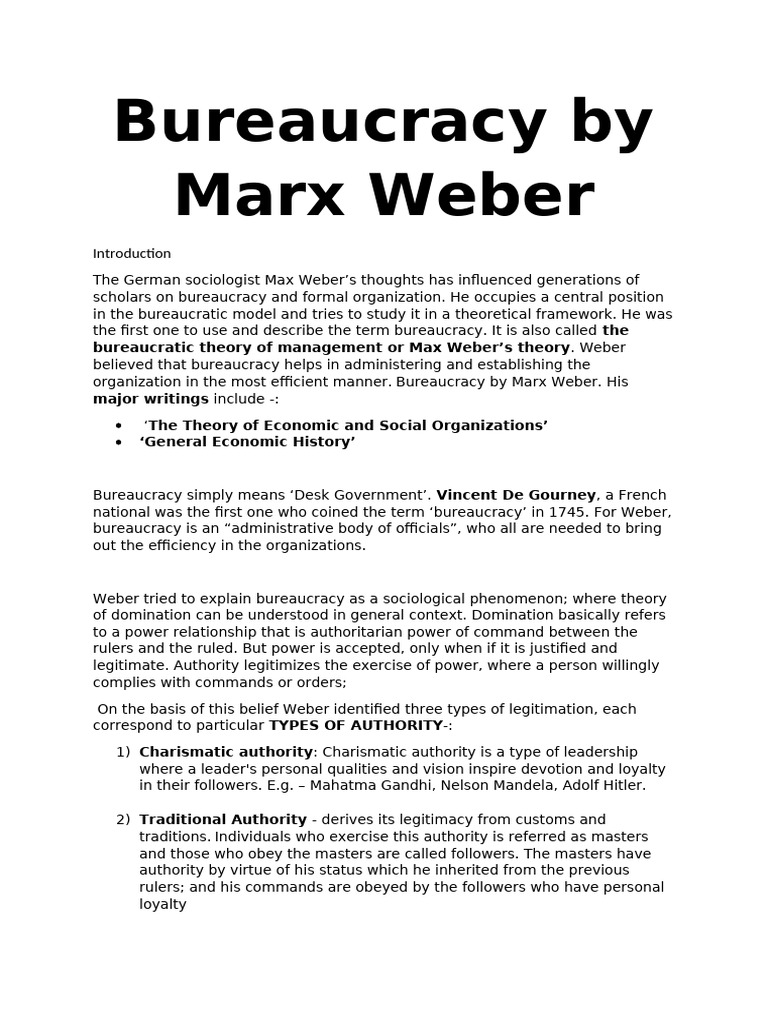 Bureaucracy by Marx Weber | PDF | Bureaucracy | Max Weber