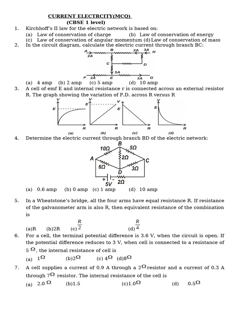 CBSE Electricity MCQs for Students | PDF | Resistor | Electricity